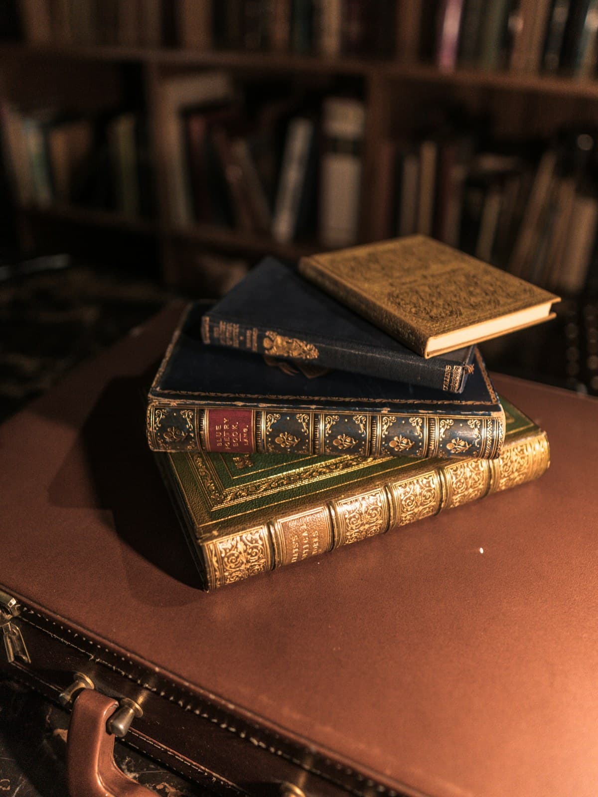 Una pequeña pila de libros antiguos encuadernados en cuero sobre un escritorio