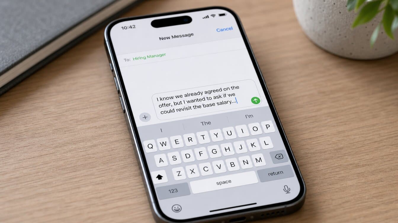Smartphone showing partially typed message about revisiting base salary after accepting offer, cursor blinking mid-sentence