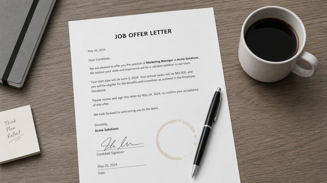 Flat lay of signed job offer letter with coffee ring stain near signature and pen, regret after accepting too quickly