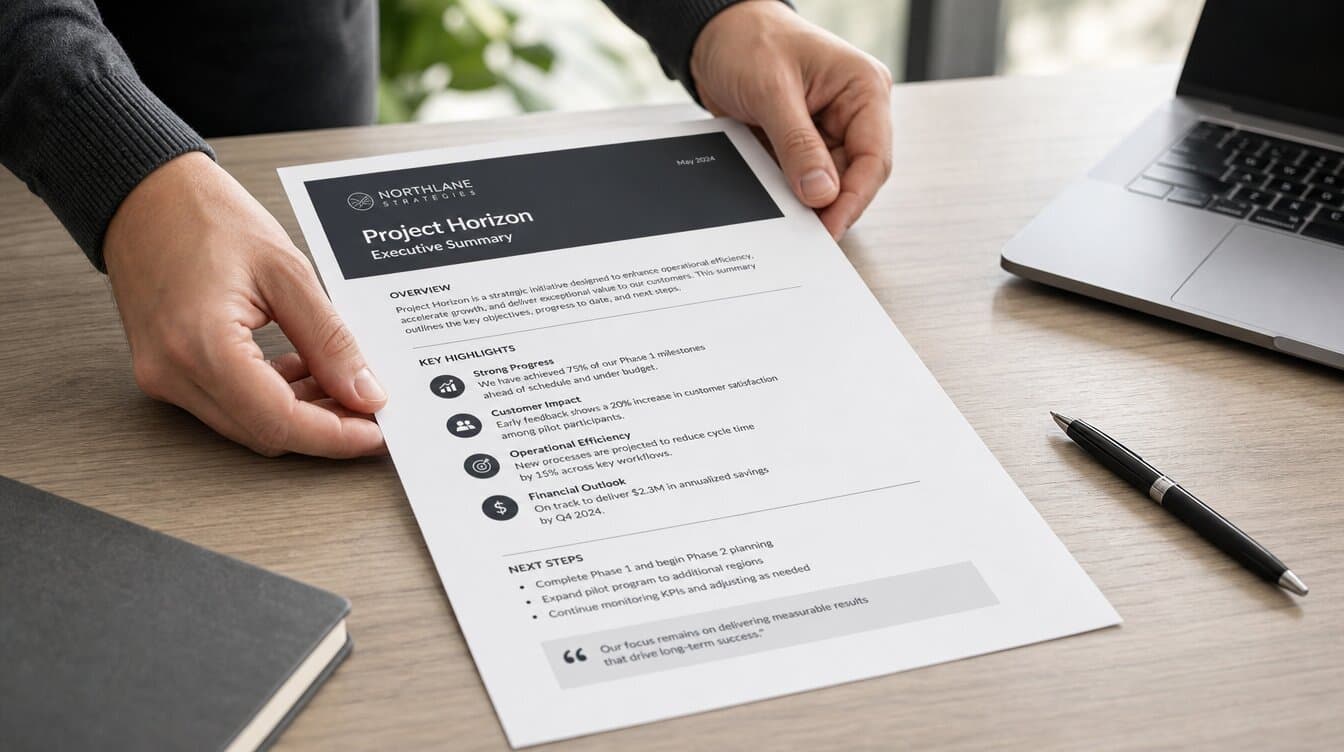 Hands placing a printed executive summary document on desk, preparing evidence for raise negotiation meeting