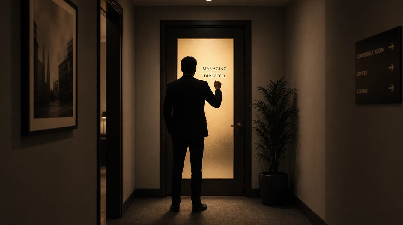 Silhouette of a person standing outside an office door, hand raised to knock, warm interior light