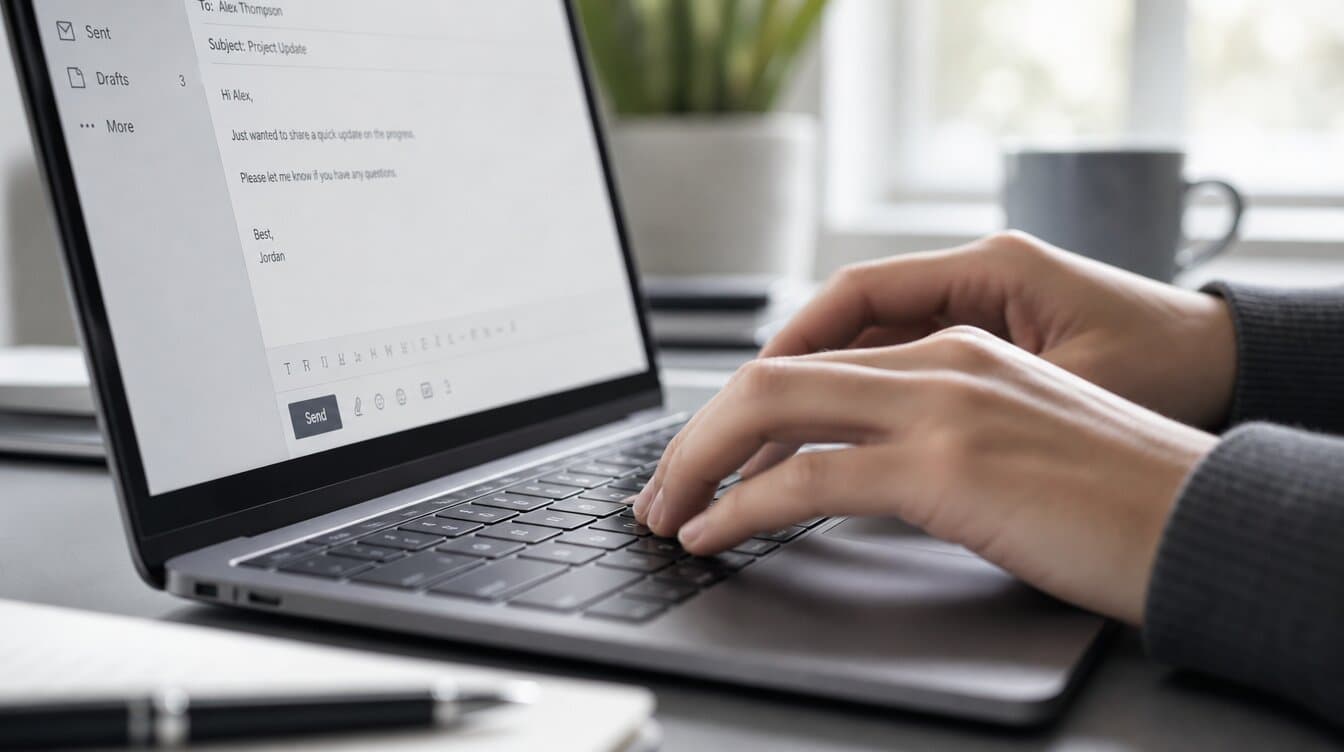 Close-up of hands typing on laptop keyboard with email draft visible, shallow depth of field, professional salary negotiation