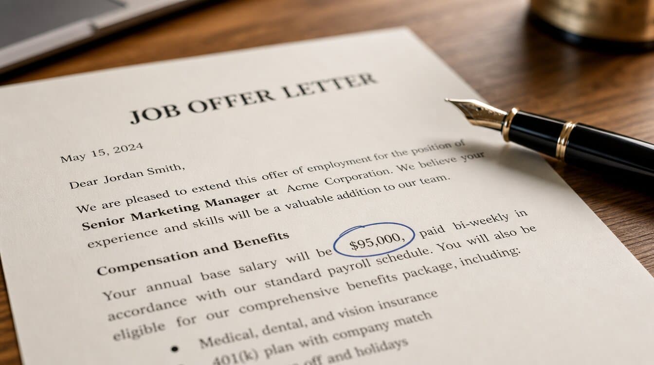 Close-up of a pen resting on a printed offer letter, a number circled in ink