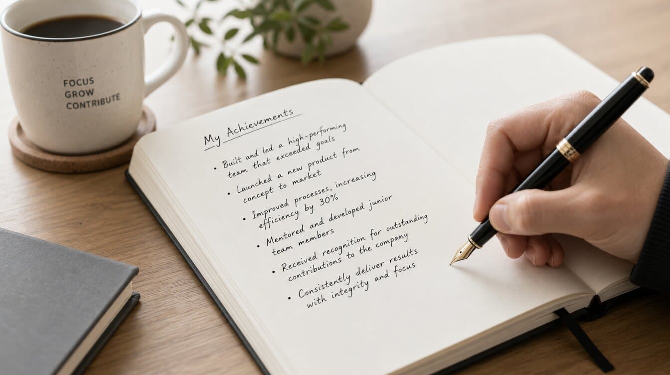 Persona anotando sus logros en un cuaderno para documentar su valor antes de negociar el sueldo