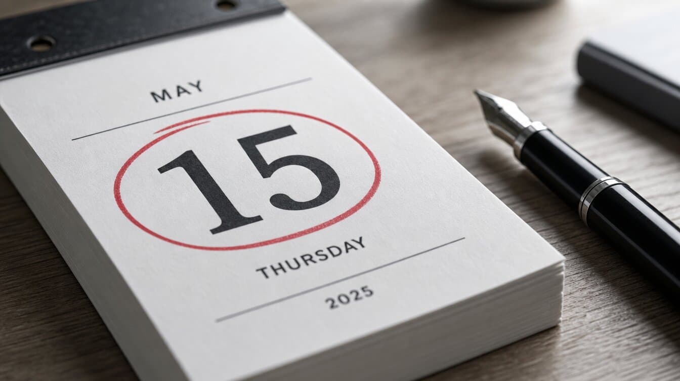 Close-up of tear-off desk calendar with date circled in red and pen beside, job offer deadline