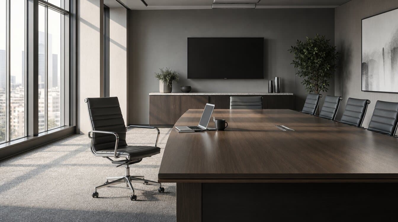 Conference room with empty chair, open laptop and coffee, morning light, job offer awaiting decision