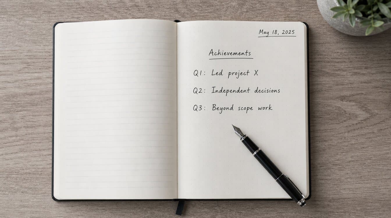 Open notebook with handwritten dated list of achievements Q1 led project Q2 independent decisions Q3 beyond scope work, fountain pen
