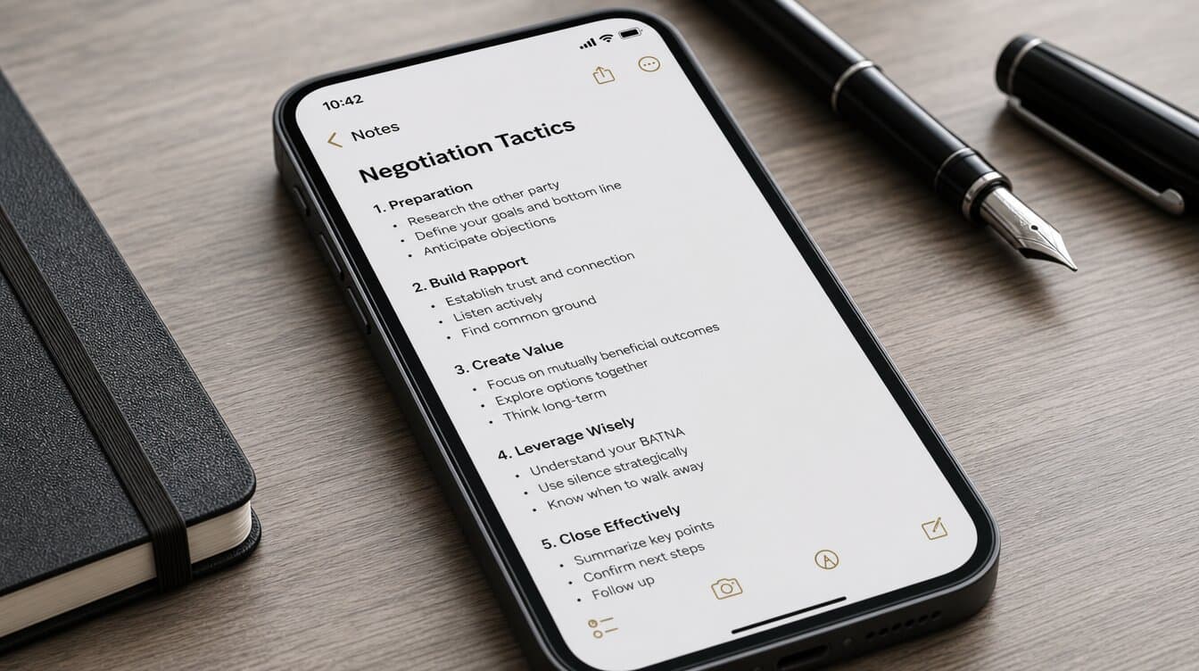 Celular com anotações sobre técnicas de negociação ao lado de caderno e caneta, aplicando a psicologia da negociação de reféns ao salário