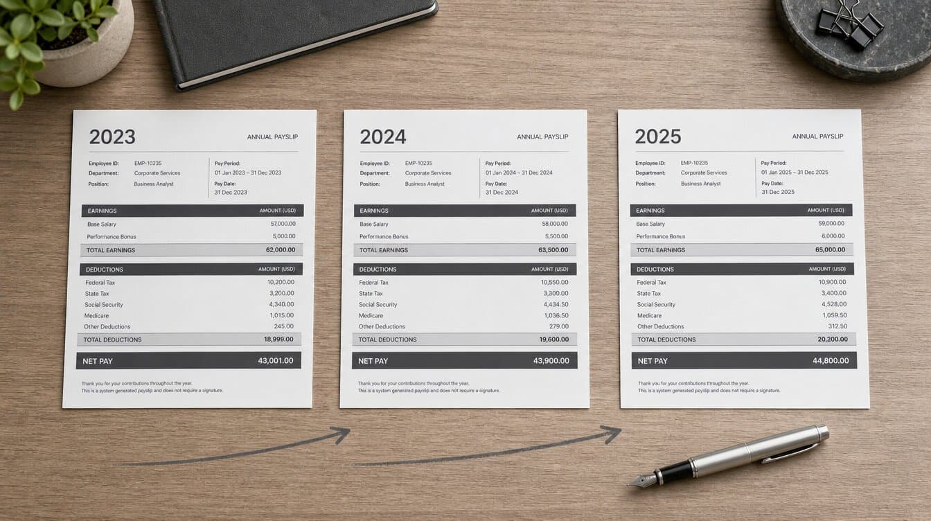 Three annual payslips 2023 to 2025 on desk with growth arrow, showing slow salary growth and compounding mistakes