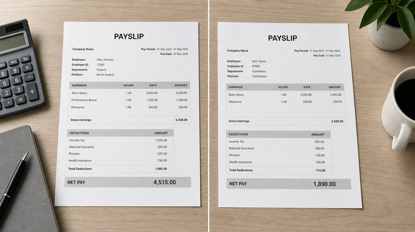Split-screen comparison of two payslips side by side with different amounts, showing salary negotiation mistake outcomes